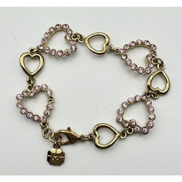 Monet Gold Tone Pink Rhinestone Heart Link Bracelet 7.25”‎ Needs One Stone - Picture 2 of 10